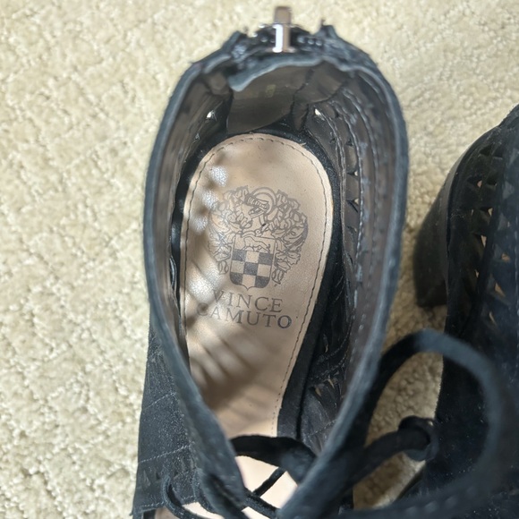 Vince Camuto Tarita Black Cutout Suede Block Peep Toe Lace Heels in Size 5. - Picture 7 of 16